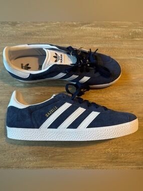 adidas Gazelle Navy Suede Sneakers with White Stripes and Gold Logo